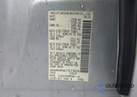 2016 Nissan Frontier Sv from USA, damaged, VIN 1N6AD0ER9GN757909